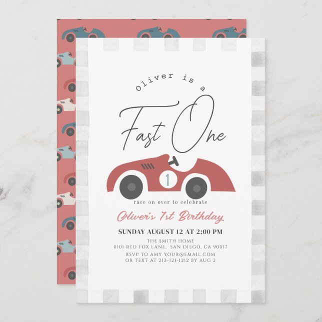 Invitación Fast One Red Race Car Boy primer cumpleaños (Anverso / Reverso)