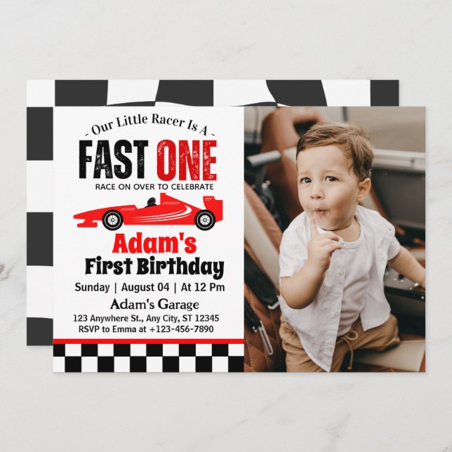 Invitación Fast One Red Race Car Boy Primer Fiesta de cumplea (Anverso / Reverso)