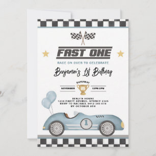 Invitación Fast One Retro Blue Coche de Carreras Niño Cumplea