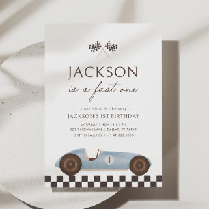 Invitación Fast One Vintage Race Car Boy primer cumpleaños