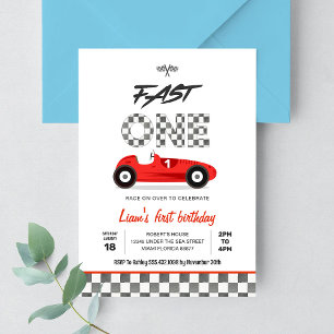 Invitación Fast ONE Vintage Red Race Car 1er cumpleaños