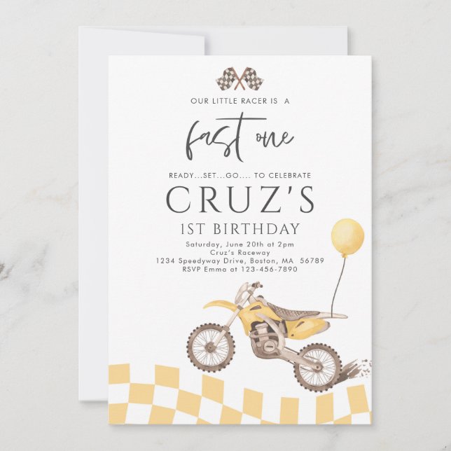 Invitación Fast One Yellow Dirt Bike Boy Primer Fiesta de cum (Anverso)