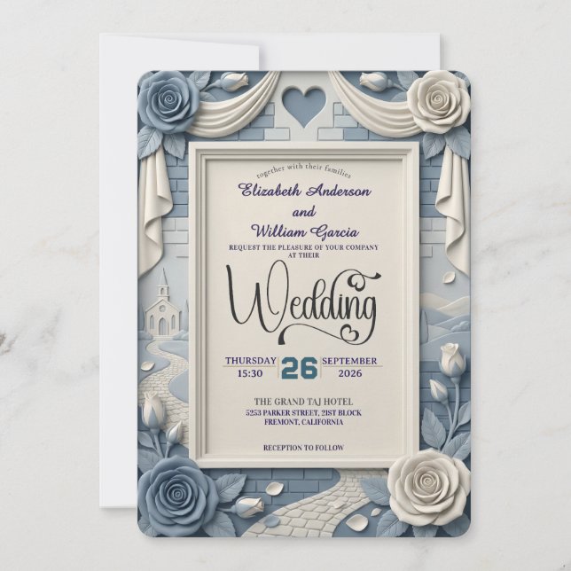 Invitación Faux 3D Relief Dusty Blue Floral Wedding  (Anverso)
