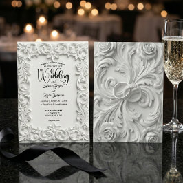 Invitación Faux Bas Relief Ornate White Wedding Invitation
