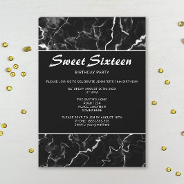 Invitación Faux Black Marble Texture Look Sweet 16 Cumpleaños