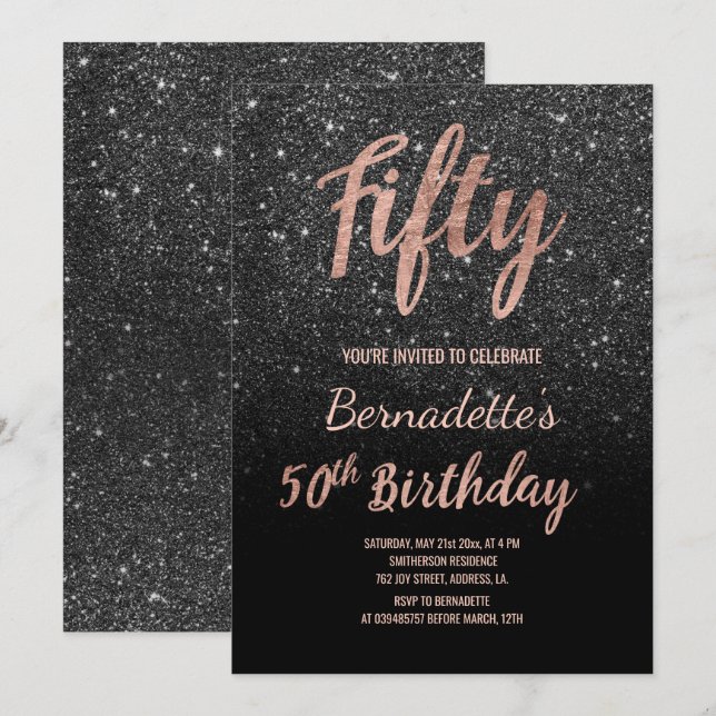 Invitación Faux black purpurina script rosa oro 50 cumpleaños (Anverso / Reverso)