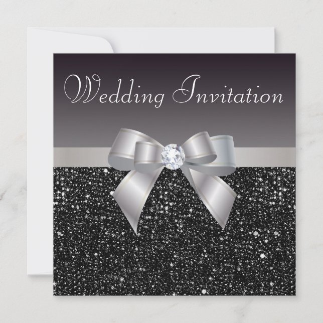 Invitación Faux Black Sequines, Silver Bow y Diamond Boda (Anverso)