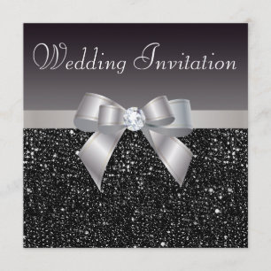 Invitación Faux Black Sequines, Silver Bow y Diamond Boda