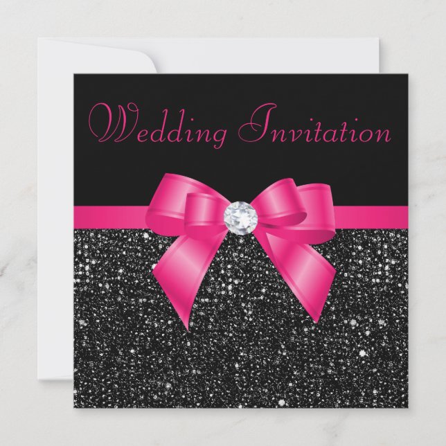 Invitación Faux Black Sequins Hot Pink Bow Boda (Anverso)