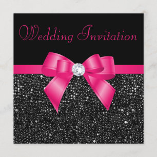 Invitación Faux Black Sequins Hot Pink Bow Boda