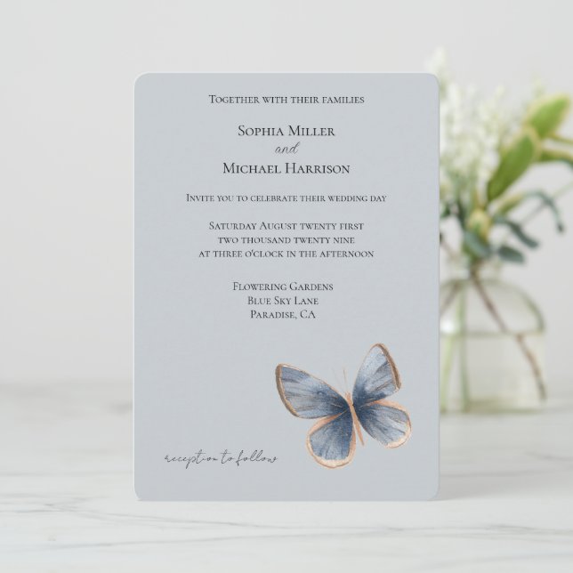 Invitación Faux Blue Denim Butterfly Wedding (Anverso de pie)