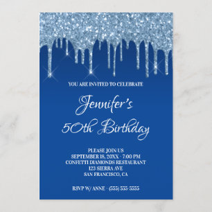 Invitación Faux Blue Purpurina Drips 50 cumpleaños