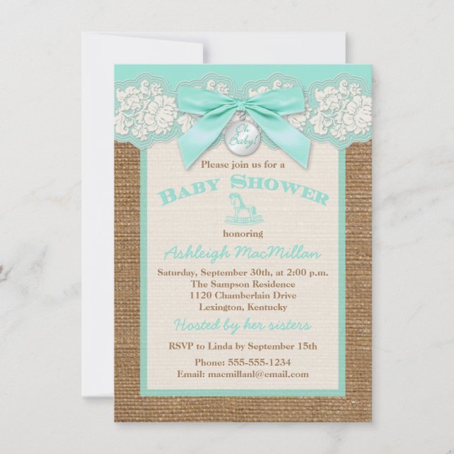 Invitación FAUX Burlap Ivory Lace, Aqua Baby Shower Invitado (Anverso)