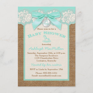 Invitación FAUX Burlap Ivory Lace, Aqua Baby Shower Invitado