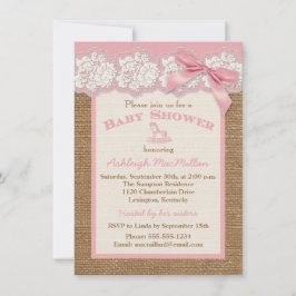 Invitación FAUX Burlap Ivory Lace, Baby Shower Pink Invitado
