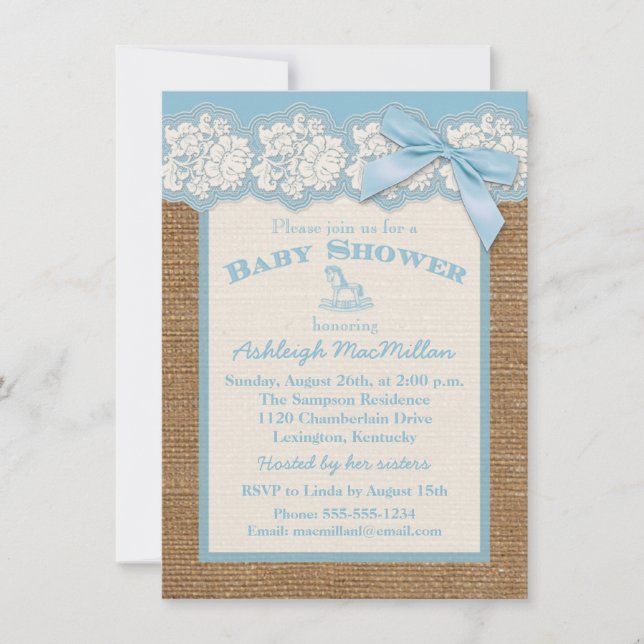 Invitación FAUX Burlap Ivory Lace, Blue Baby Shower Invite (Anverso)