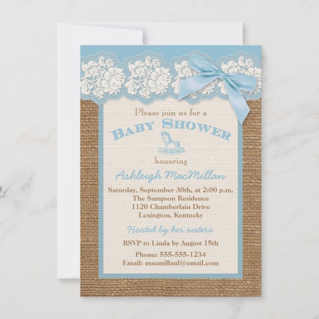 Invitación FAUX Burlap Ivory Lace, Blue Baby Shower Invite 2 (Anverso)