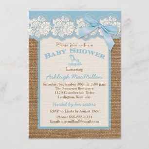 Invitación FAUX Burlap Ivory Lace, Blue Baby Shower Invite 2