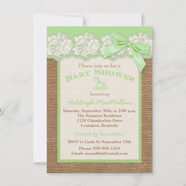 Invitación FAUX Burlap Ivory Lace, Green Baby Shower Invite 2 (Anverso)