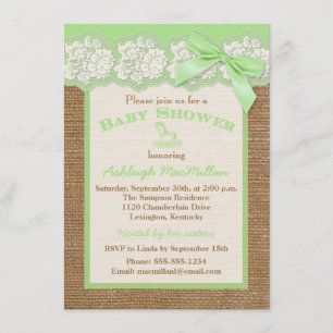 Invitación FAUX Burlap Ivory Lace, Green Baby Shower Invite 2