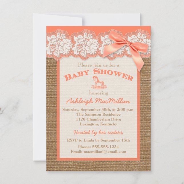 Invitación FAUX Burlap Ivory Lace, Naranja Baby Shower invita (Anverso)