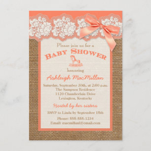 Invitación FAUX Burlap Ivory Lace, Naranja Baby Shower invita