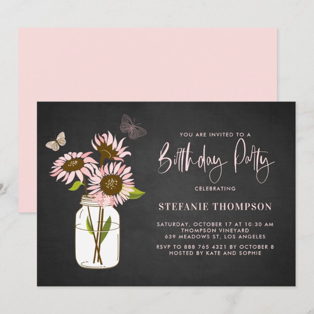 Invitación Faux Chalkboard Pink Sunflowers Fiesta de cumpleañ (Anverso / Reverso)