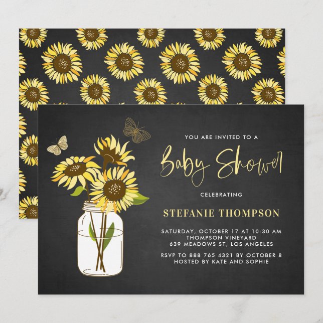Invitación Faux Chalkboard Yellow Sunflowers Baby Shower (Anverso / Reverso)