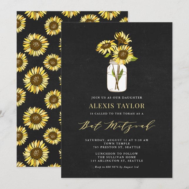 Invitación Faux Chalkboard Yellow Sunflowers Bat Mitzvah (Anverso / Reverso)