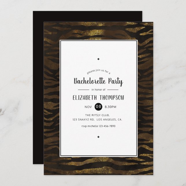 Invitación Faux de oro Purpurina Jungle Tiger Bachelorette (Anverso / Reverso)