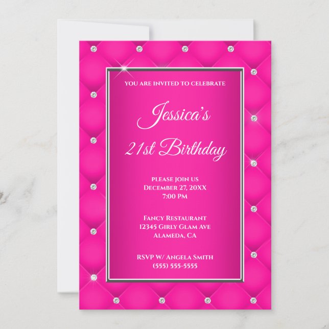 Invitación Faux Diamond Tufted Hot Pink Ombre 21 cumpleaños (Anverso)