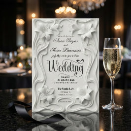 Invitación Faux Embossed 3D Floral Frame Pearl Wedding 