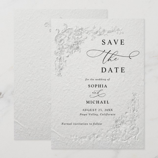 Invitación Faux Embossed Floral Wedding Save the Date  I (Anverso / Reverso)