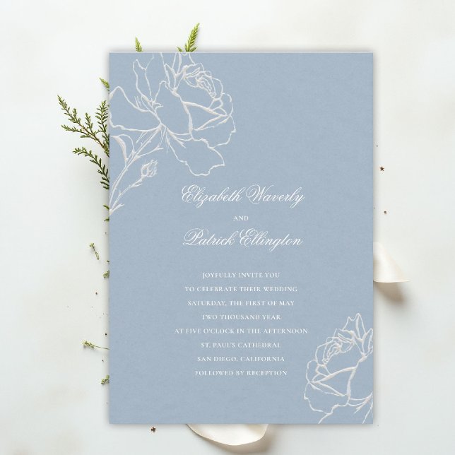 Invitación Faux Embossed Roses Blue Formal Classic Wedding (blue wedding theme dusty white invitation formal traditional modern classic floral elegant roses)