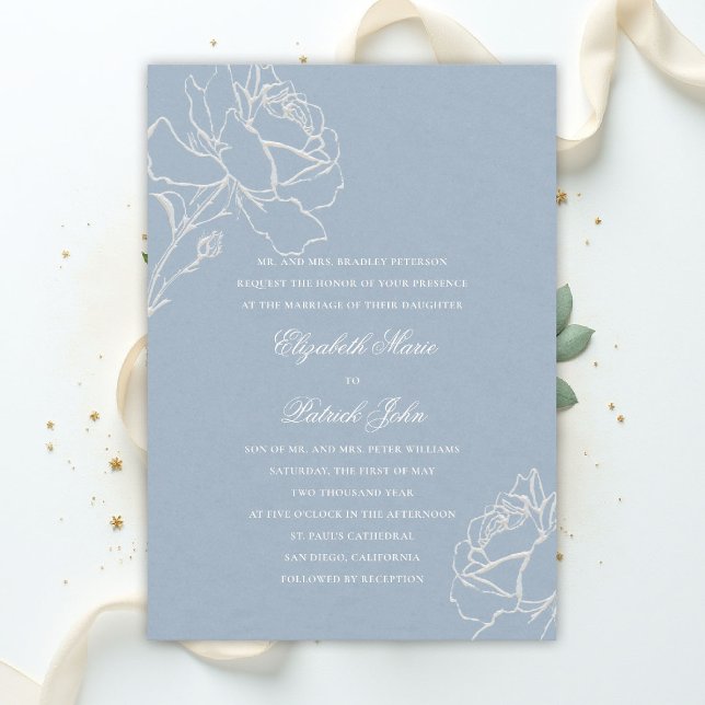 Invitación Faux Embossed Roses Blue Formal Parents Wedding (blue wedding theme dusty white invitation formal traditional modern classic floral roses elegant)