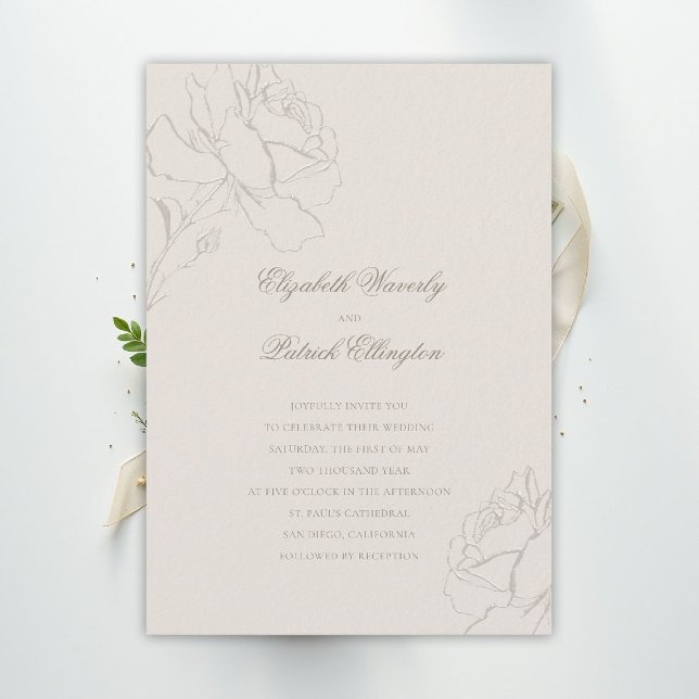 Invitación Faux Embossed Roses Ecru Formal Classic Wedding (ethereal wedding theme ecru invitation formal traditional modern classic floral roses elegant)