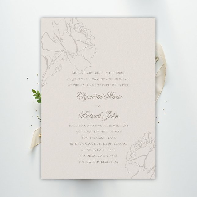 Invitación Faux Embossed Roses Ecru Formal Parents Wedding (floral wedding invitation roses ecru formal traditional modern classic ballroom elegant black tie)