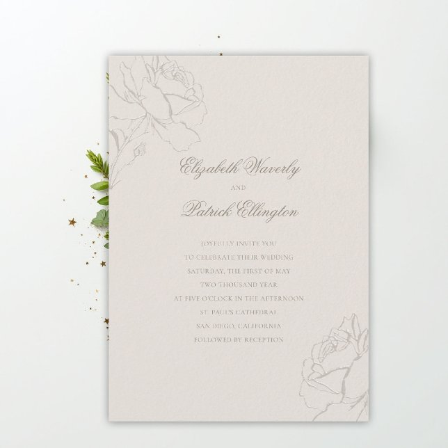 Invitación Faux Embossed Roses Ecru Modern Classic Wedding (ethereal wedding theme ecru invitation formal traditional modern classic floral roses elevated)