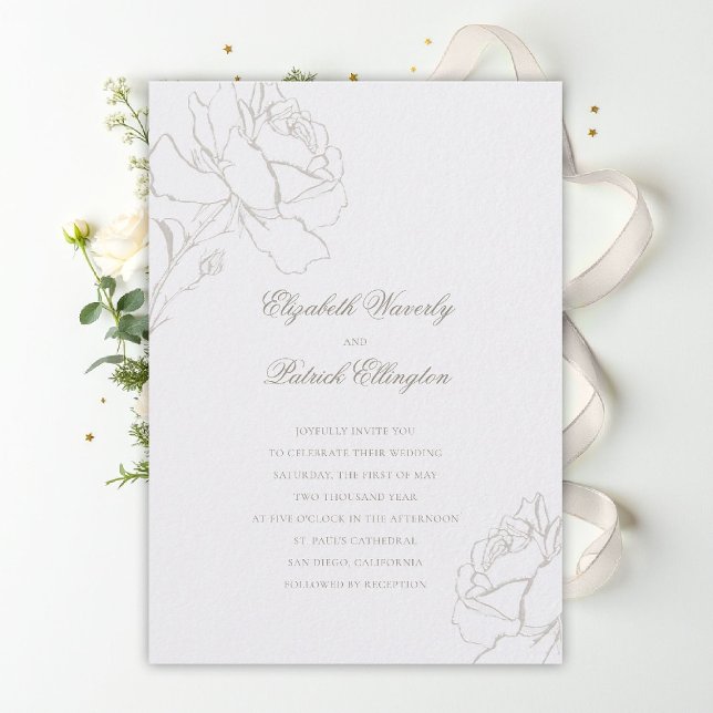 Invitación Faux Embossed Roses Pearl Formal Classic Wedding (ethereal wedding theme pearl white invitation formal traditional modern classic floral roses elegant)