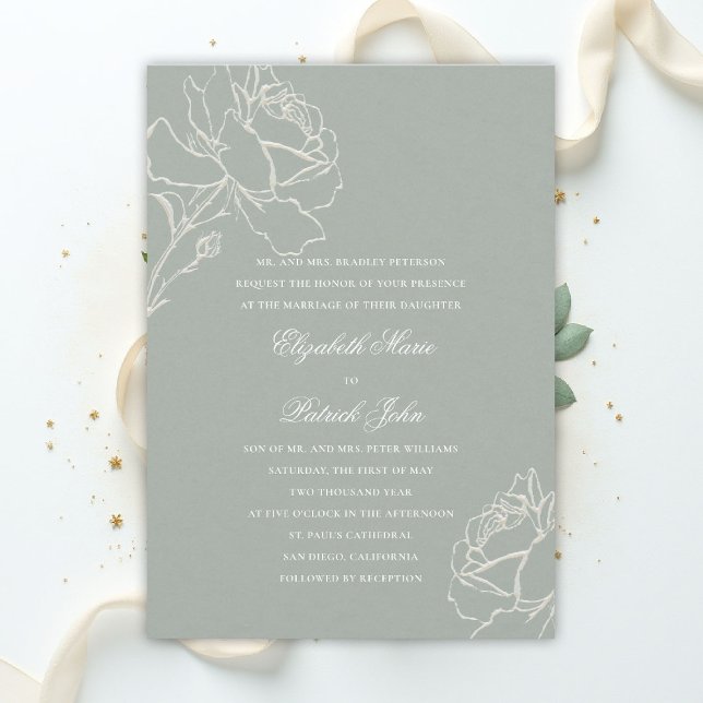 Invitación Faux Embossed Roses Sage Green Formal Wedding (sage green wedding theme invitation formal traditional modern classic floral roses elegant)