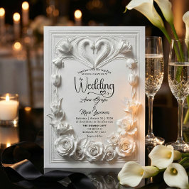 Invitación Faux Embossed White Floral Relief Monogram Wedding