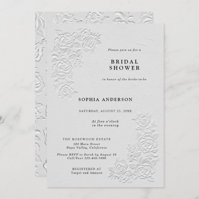 Invitación Faux Embossed White Roses Bridal Shower Invitation (Anverso / Reverso)