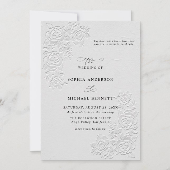 Invitación Faux Embossed White Roses Wedding Invitation (Anverso)