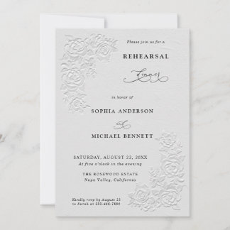 Invitación Faux Embossed White Roses Wedding Rehearsal Dinner