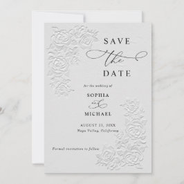Invitación Faux Embossed White Roses Wedding Save the Date 