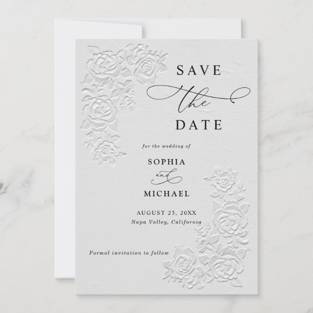 Invitación Faux Embossed White Roses Wedding Save the Date  (Anverso)