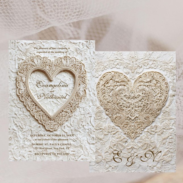 Invitación Faux Embroidery Timeless Lace Heart Formal Wedding (Subido por el creador)