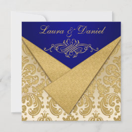Invitación FAUX FLAPS Blue, Gold Damask Invite
