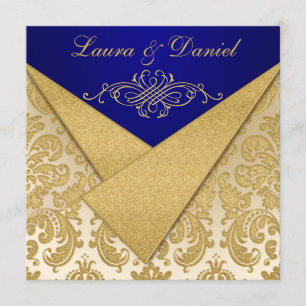 Invitación FAUX FLAPS Blue, Gold Damask Invite