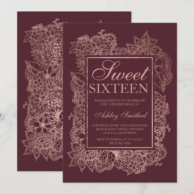 Invitación Faux floral moderno rosa oro burgundy Sweet 16 (Anverso / Reverso)